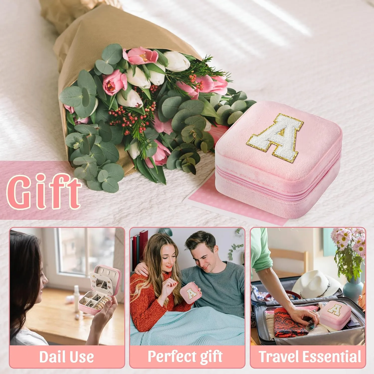 CY2SIDE Letter Velvet Travel Jewelry Case for Women Girls - Pink Organizer for Ring, Earring, Necklace, Bracelet, Pendant - Vacation Gift for Lovers, Women, Girl - Letter A