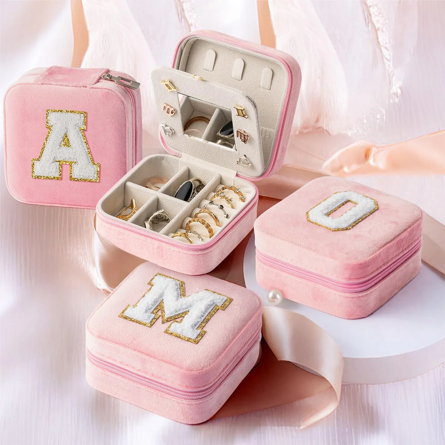 CY2SIDE Letter Velvet Travel Jewelry Case for Women Girls - Pink Organizer for Ring, Earring, Necklace, Bracelet, Pendant - Vacation Gift for Lovers, Women, Girl - Letter A