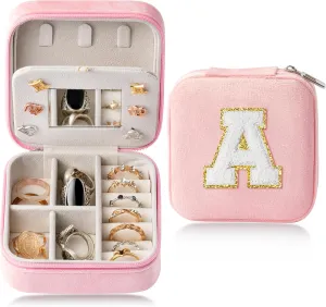 CY2SIDE Letter Velvet Travel Jewelry Case for Women Girls - Pink Organizer for Ring, Earring, Necklace, Bracelet, Pendant - Vacation Gift for Lovers, Women, Girl - Letter A