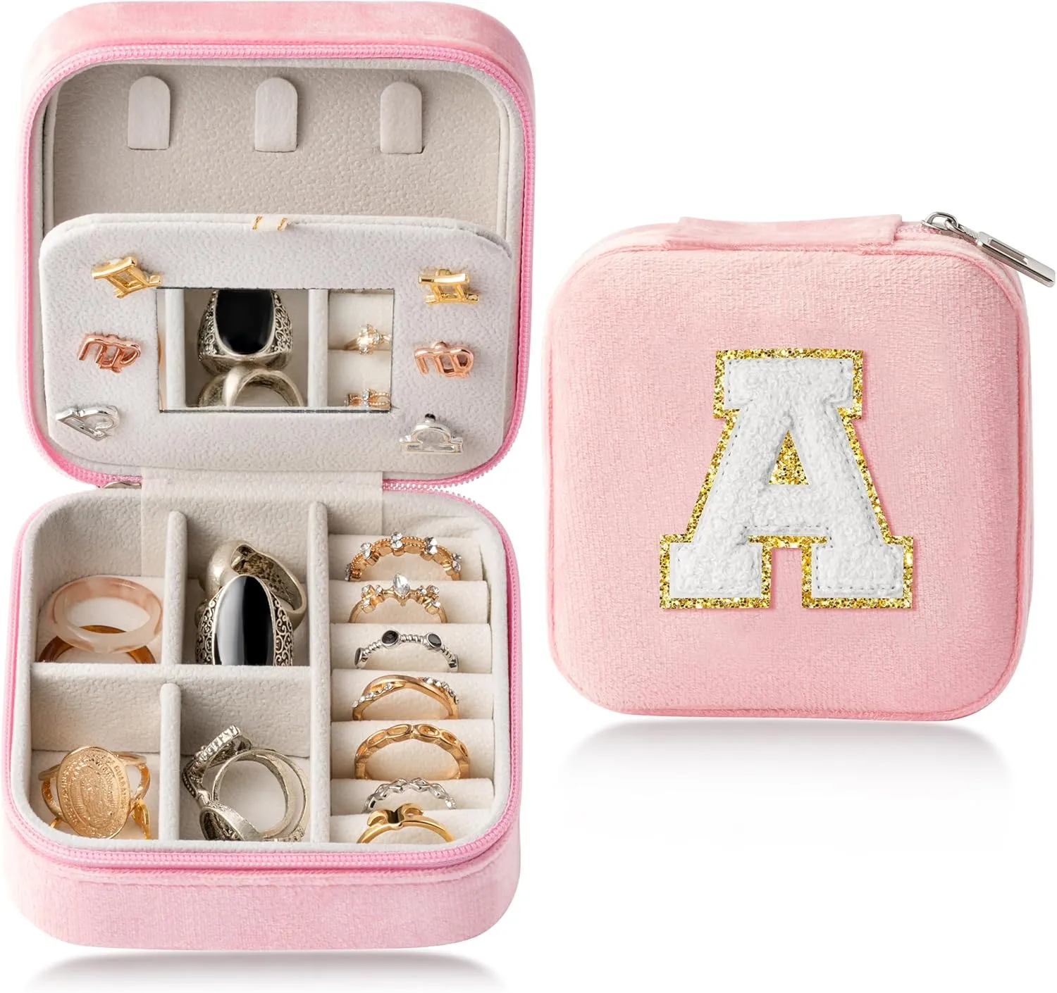 CY2SIDE Letter Velvet Travel Jewelry Case for Women Girls - Pink Organizer for Ring, Earring, Necklace, Bracelet, Pendant - Vacation Gift for Lovers, Women, Girl - Letter A