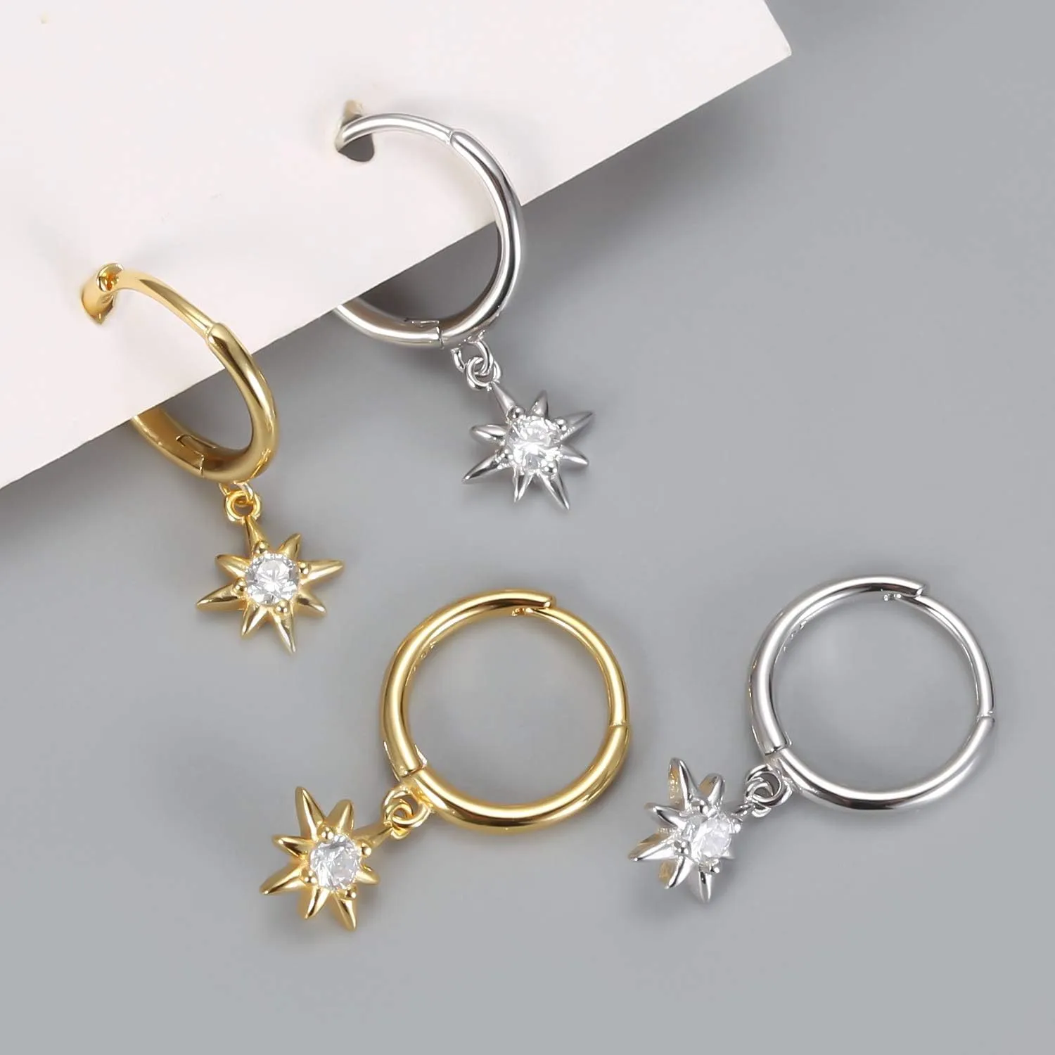 Dainty Hoop Dangle Earrings for Women, Small Hoop Earring with Charm - Moon Star, Spike, Evil Eye, Sterling Silver Huggie Drop Earrings for Her