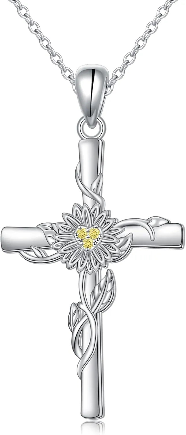 Daisy Cross Necklace for Women 925 Sterling Silver Flower Pendant Necklaces Christian Jewelry Gift for Women