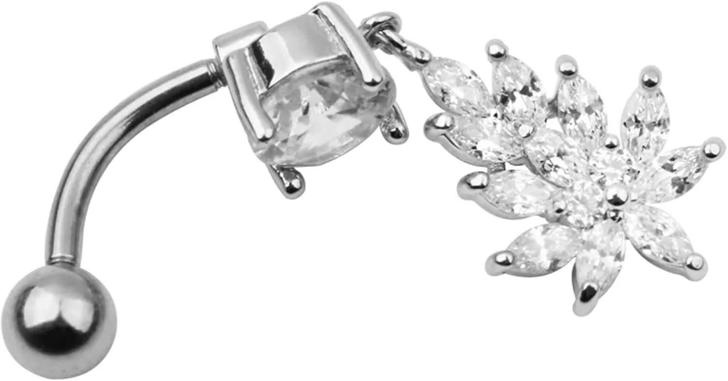 Dangle Belly Rings Surgical Steel, 2pcs 14 Gauge Navel Rings Cubic Zirconia Belly Button Rings Western Flower