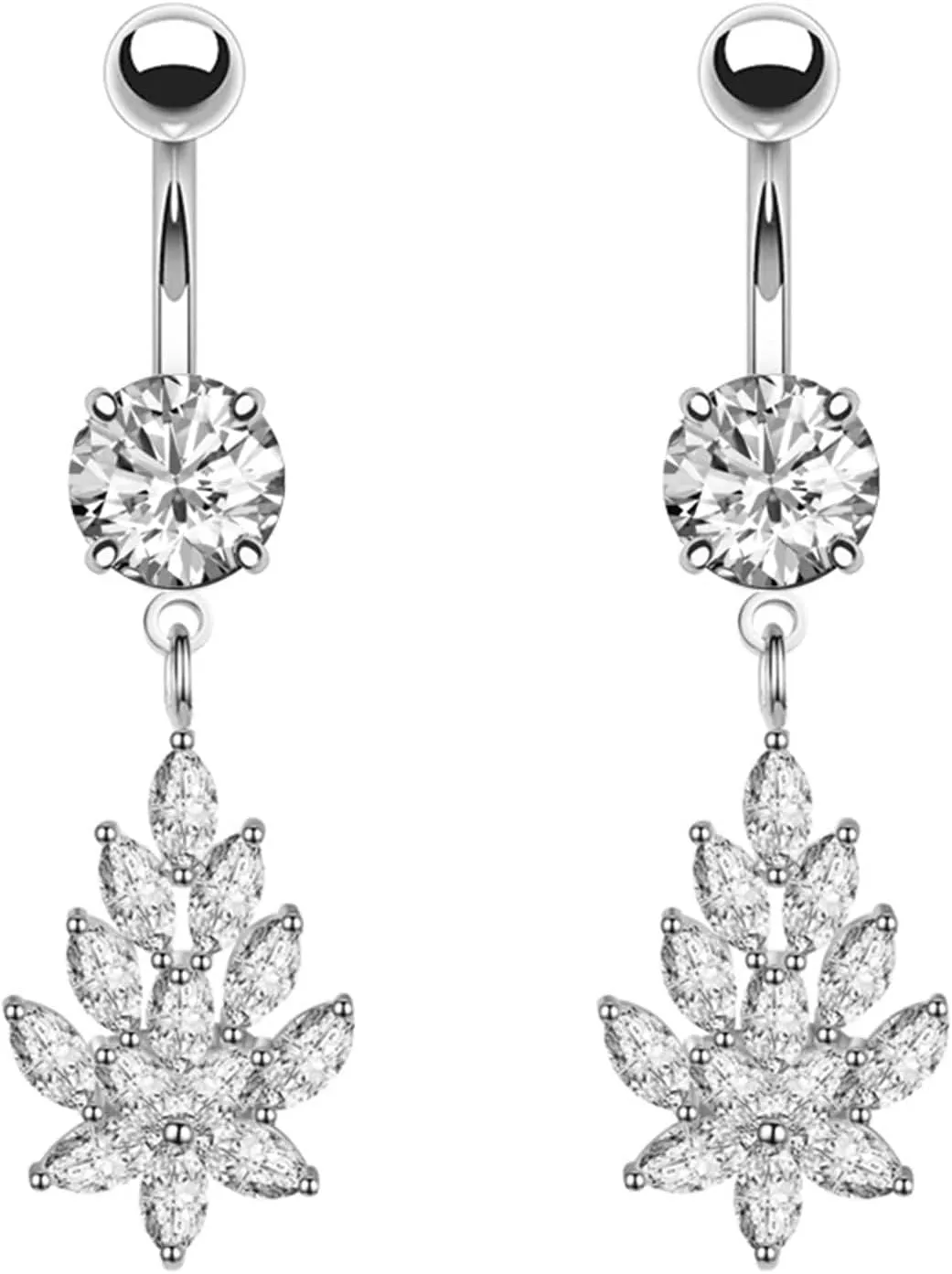 Dangle Belly Rings Surgical Steel, 2pcs 14 Gauge Navel Rings Cubic Zirconia Belly Button Rings Western Flower
