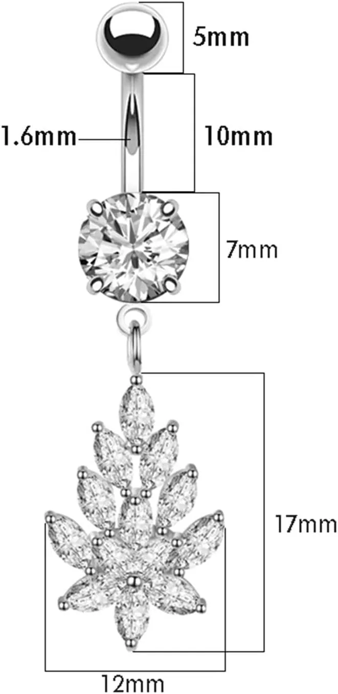 Dangle Belly Rings Surgical Steel, 2pcs 14 Gauge Navel Rings Cubic Zirconia Belly Button Rings Western Flower