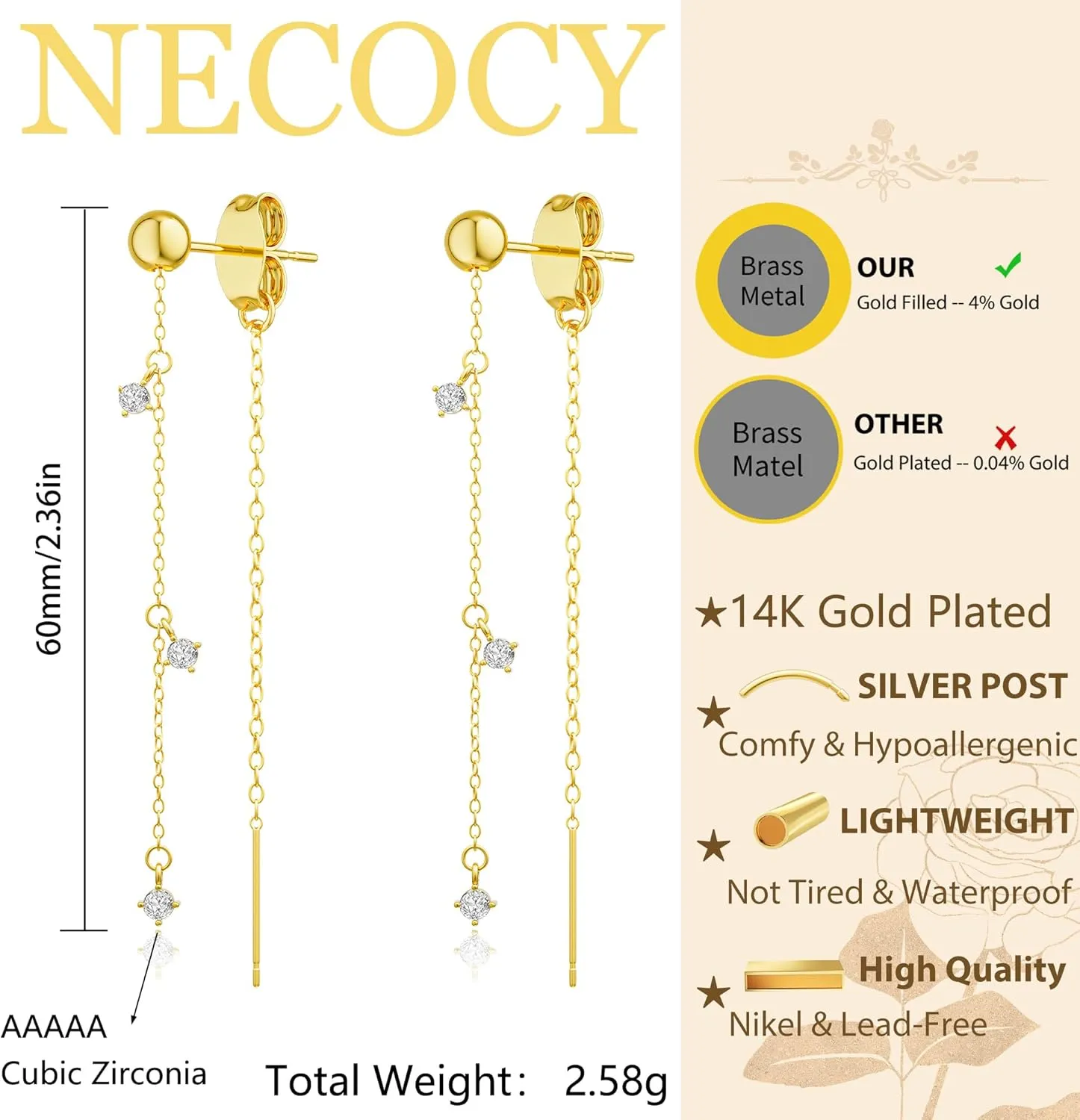 Dangle Earrings for Women Dainty Long Hanging Gold/Silver Chain Earrings Trendy Hypoallergenic Dangling CZ/Pearl Threader Earrings for Women Jewelry