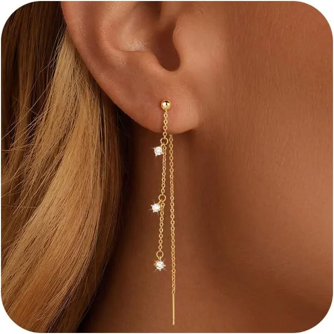 Dangle Earrings for Women Dainty Long Hanging Gold/Silver Chain Earrings Trendy Hypoallergenic Dangling CZ/Pearl Threader Earrings for Women Jewelry