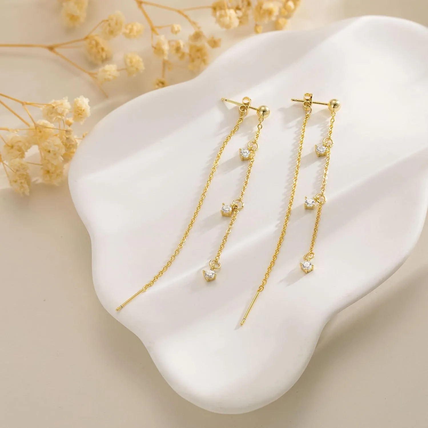Dangle Earrings for Women Dainty Long Hanging Gold/Silver Chain Earrings Trendy Hypoallergenic Dangling CZ/Pearl Threader Earrings for Women Jewelry