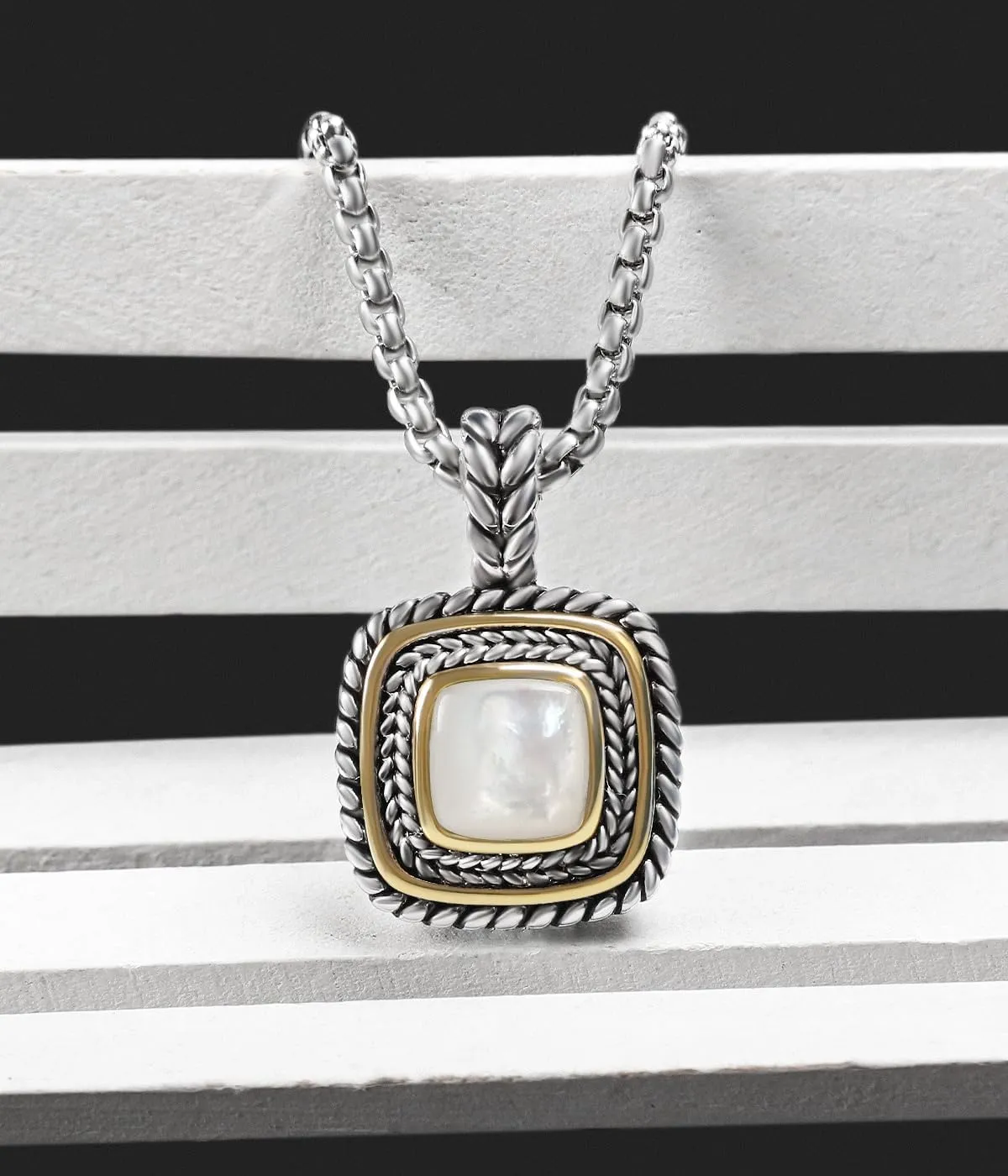Designer Inspired 7MM CZ Pendant Necklace for Women 18K Gold Plated Two Tone Wheat Cable Necklaces