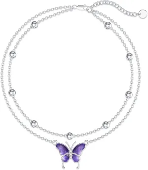 Diamond Butterfly Anklets for Women 925 Sterling Silver Animal Lover Double Layer Ankle Bracelet Jewelry Gift for Mom Wife Sister Friend,9" 2"