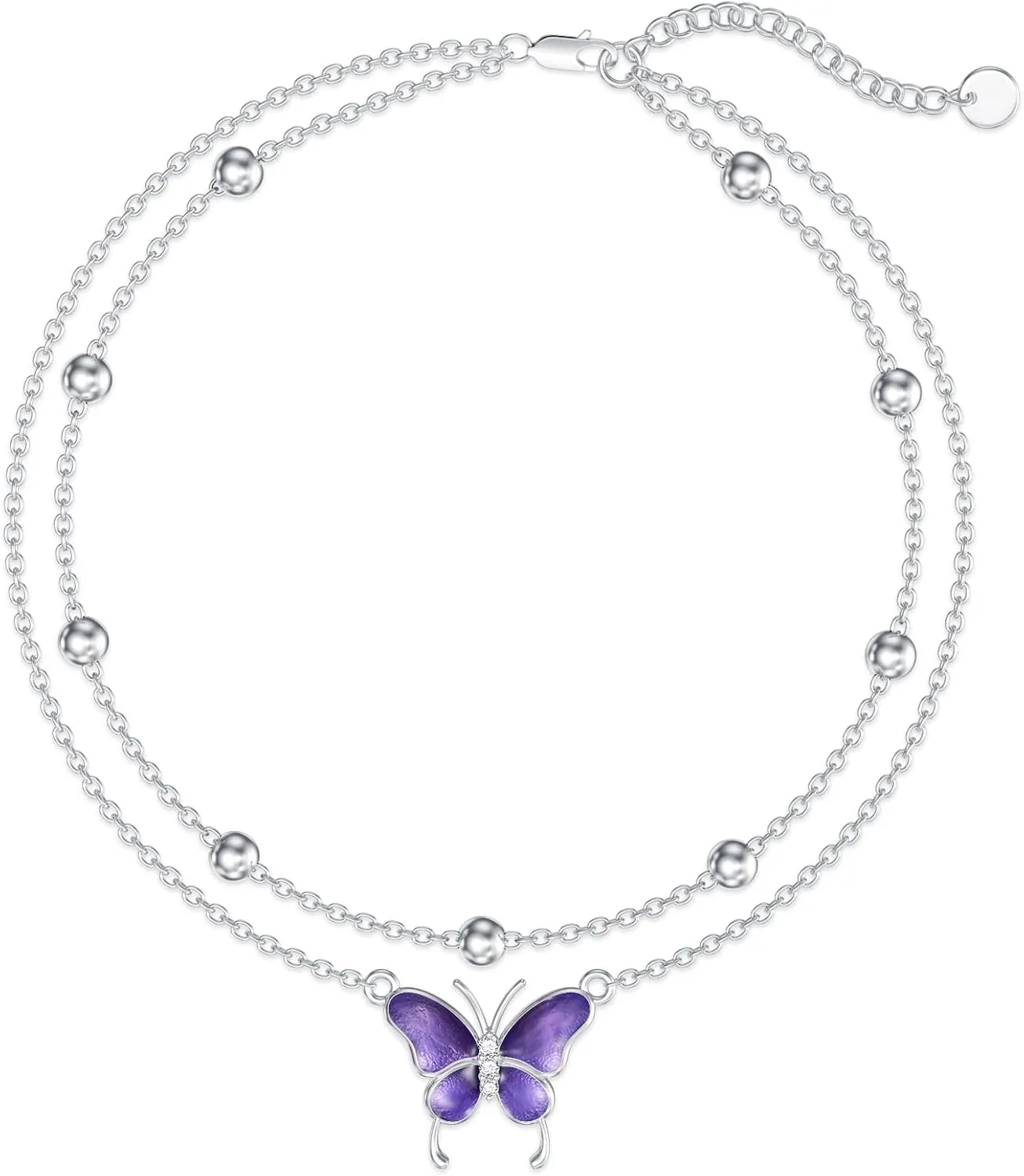 Diamond Butterfly Anklets for Women 925 Sterling Silver Animal Lover Double Layer Ankle Bracelet Jewelry Gift for Mom Wife Sister Friend,9" 2"
