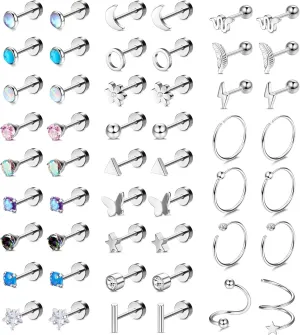 Dochais 25 Pairs Surgical Steel Stud Earrings for Women Multipack Cartilage Earring Opal Moonstone Turquoise Butterfly Flower Star Flat Back Earrings Silver