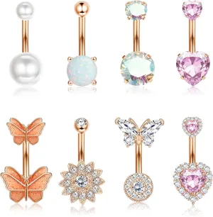 Dochais 8Pcs Surgical Stainless Steel Belly Button Rings for Women - Cute Pink Butterfly Cubic Zirconia Heart Body Piercing Jewelry