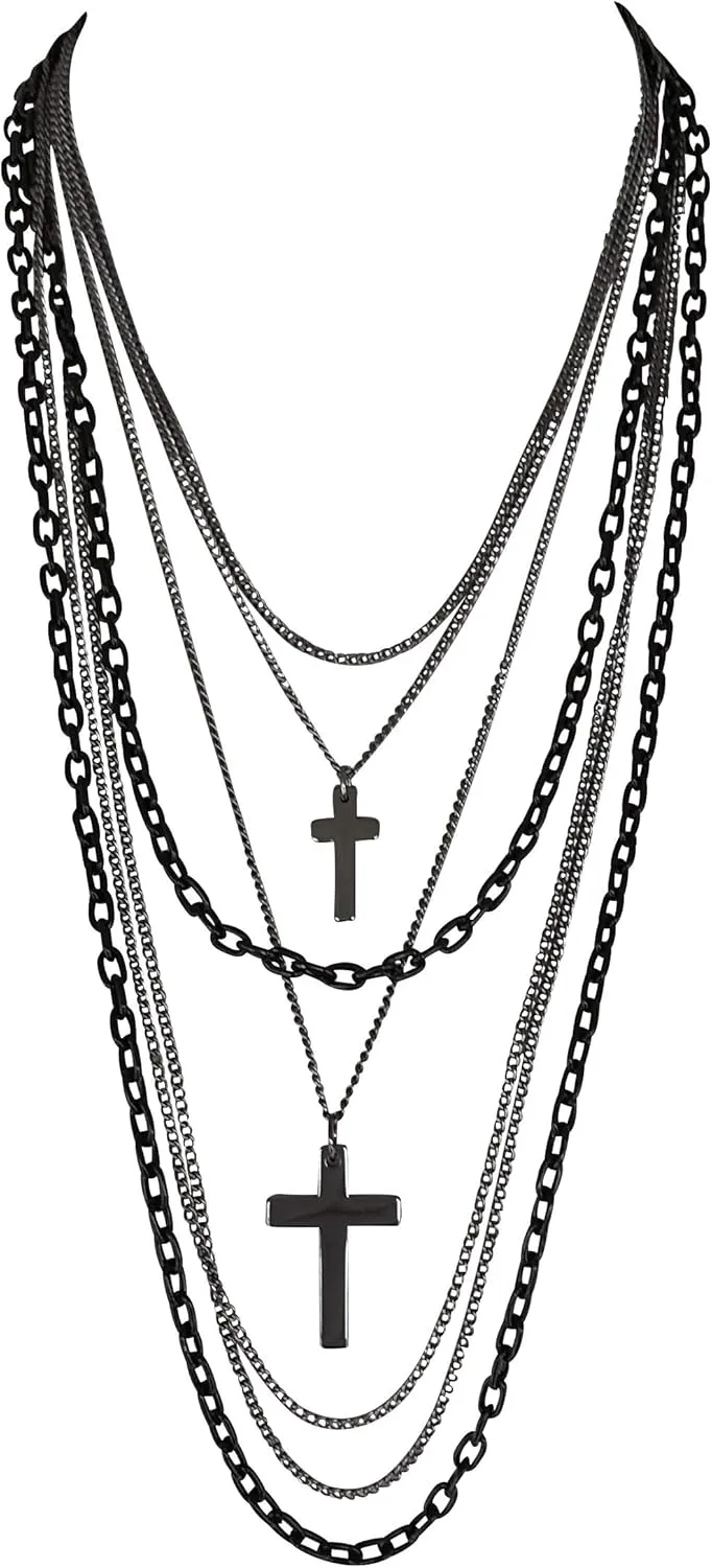 DragonWeave Jewelry Deluxe Gothic Crosses Retro 80 Madonna Multilayer Black & Gunmetal Chain Long Multi Strand Necklace