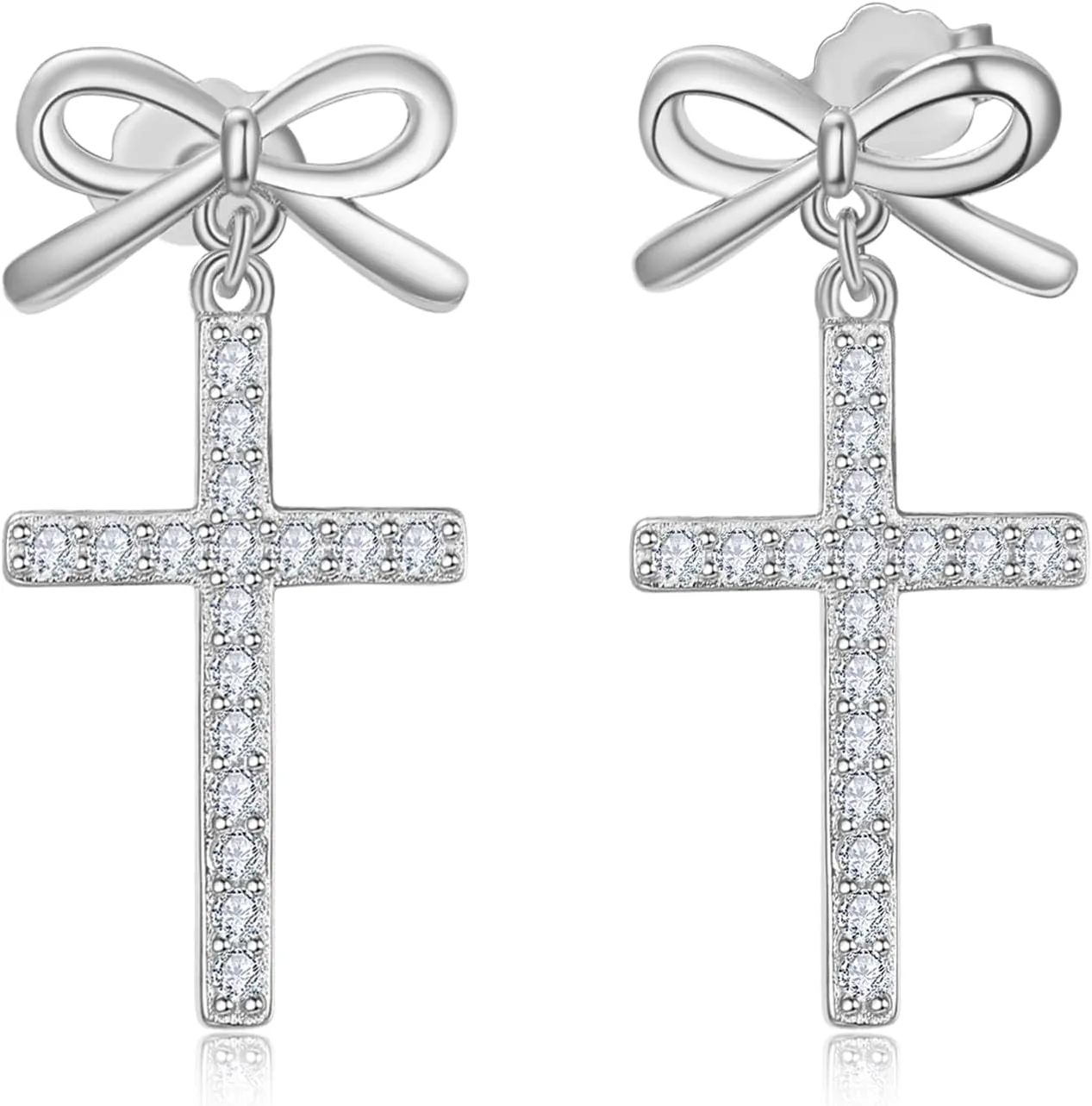 Dreamboat Sterling Silver Cross Earrings for Women Ribbon Bow Earrings Stud Earrings Dangle Aretes De Cruz Faith Christian Jewelry Catholic Confirmation Religious Gifts Mom