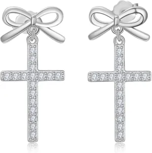 Dreamboat Sterling Silver Cross Earrings for Women Ribbon Bow Earrings Stud Earrings Dangle Aretes De Cruz Faith Christian Jewelry Catholic Confirmation Religious Gifts Mom