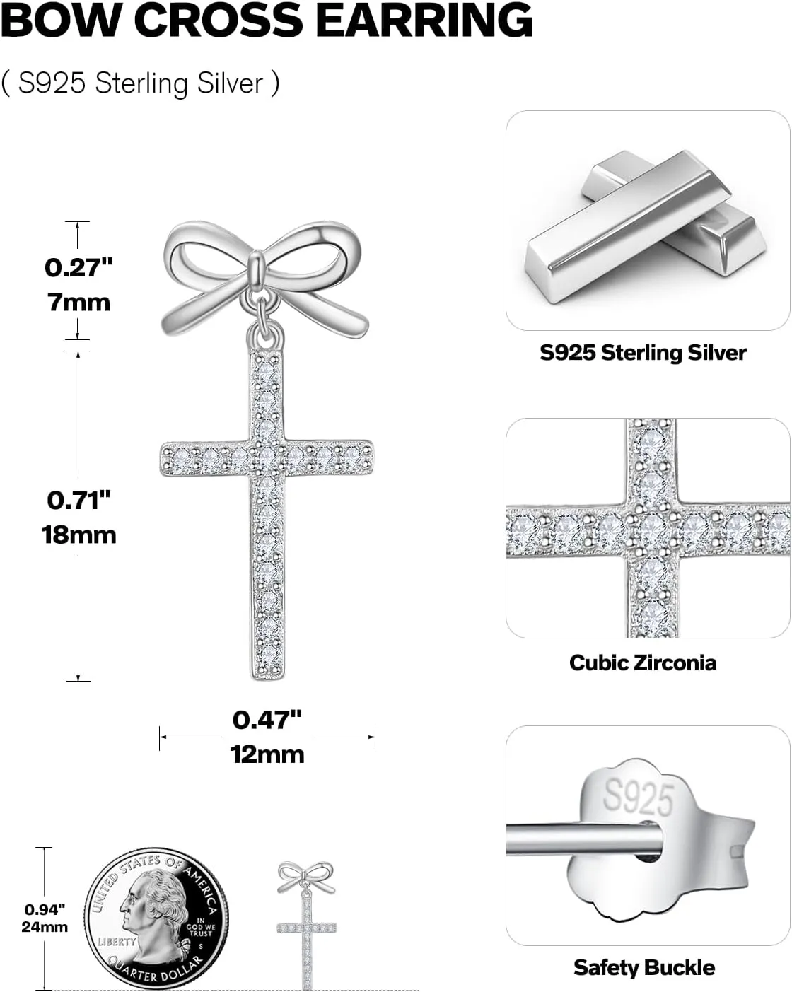 Dreamboat Sterling Silver Cross Earrings for Women Ribbon Bow Earrings Stud Earrings Dangle Aretes De Cruz Faith Christian Jewelry Catholic Confirmation Religious Gifts Mom
