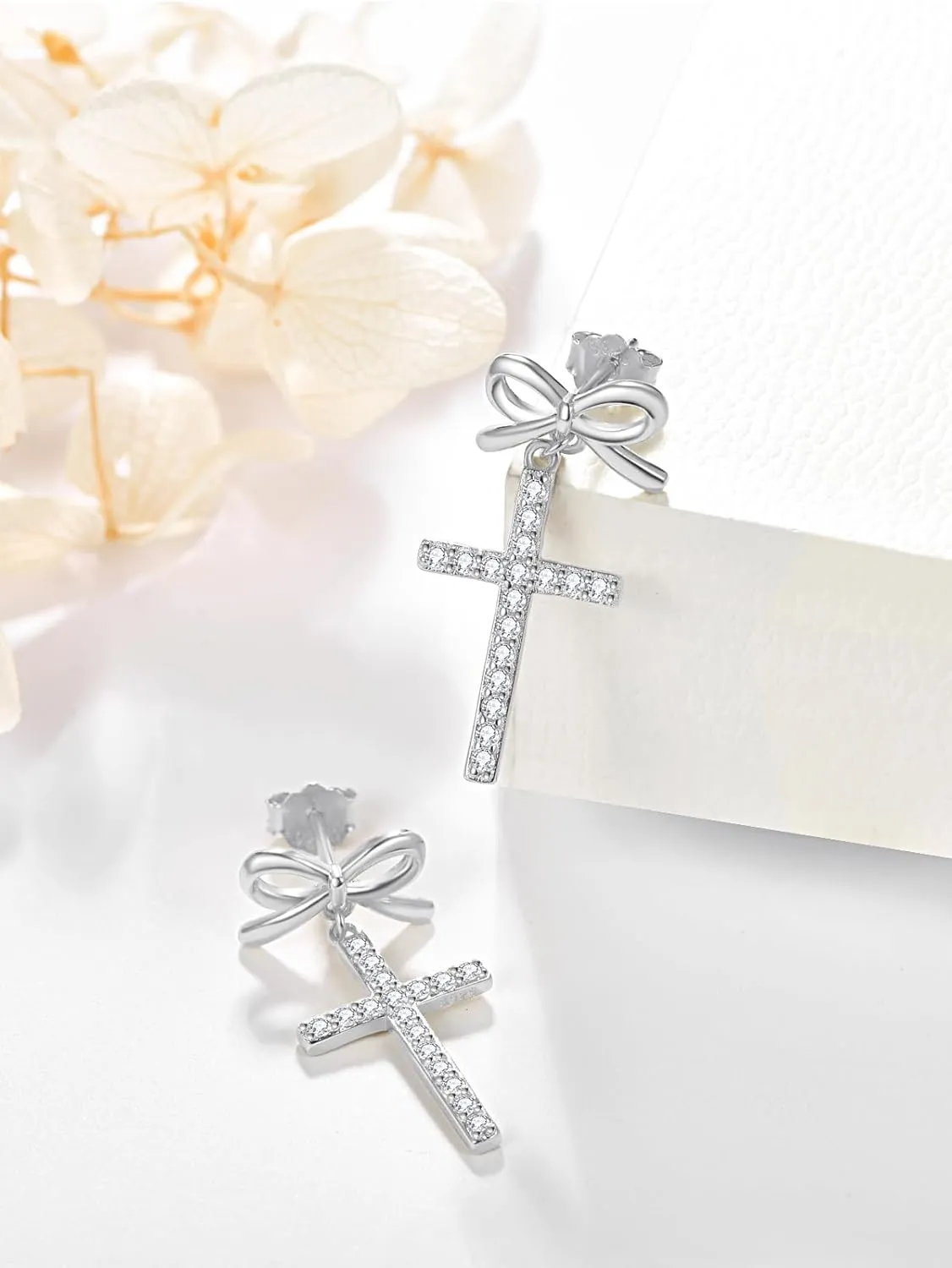 Dreamboat Sterling Silver Cross Earrings for Women Ribbon Bow Earrings Stud Earrings Dangle Aretes De Cruz Faith Christian Jewelry Catholic Confirmation Religious Gifts Mom