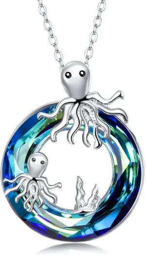 Dreamboat Sterling Silver Octopus Necklace Ocean Necklace Circle Crystal Octopus Jewelry Hypoallergenic Octopus Necklaces for Women Ocean Jewelry