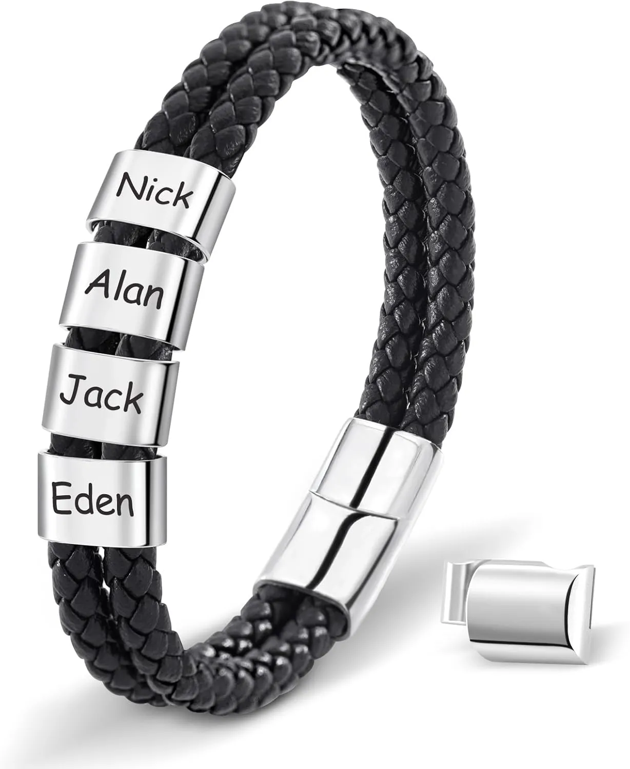 Dreamdecor Personalized Mens Leather Bracelet with Custom Beads - Engraved Names Jewelry, Customized Gifts for Dad Men