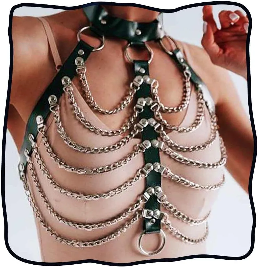 DRESBE Punk Layered Body Chain Black Leather Bra Caged Harness Choker Bra Chains Gothic