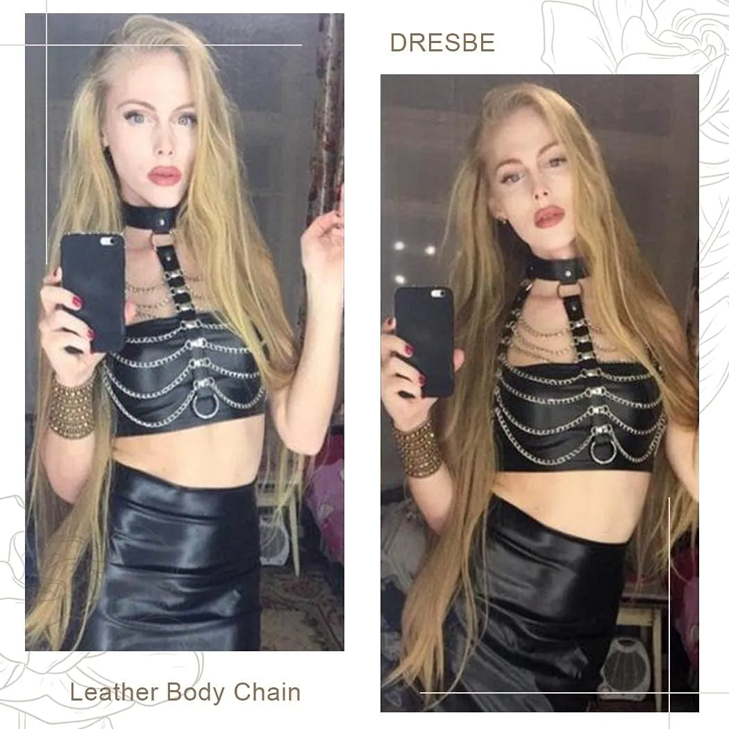 DRESBE Punk Layered Body Chain Black Leather Bra Caged Harness Choker Bra Chains Gothic
