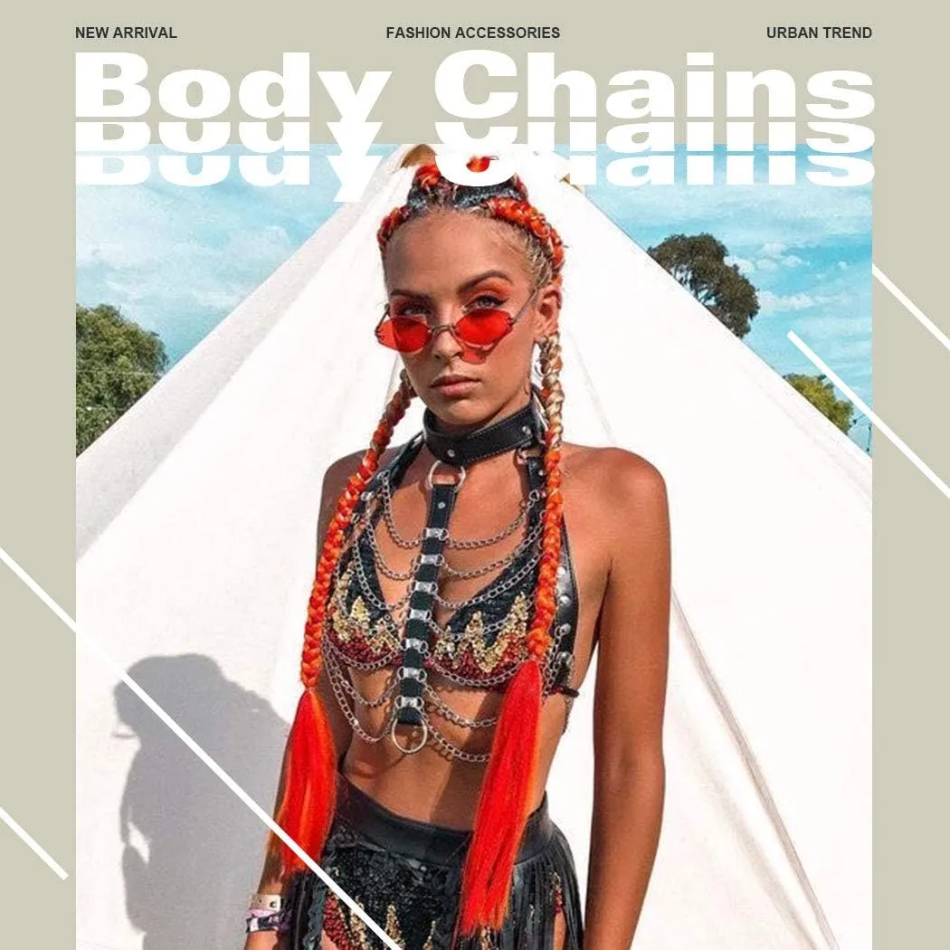 DRESBE Punk Layered Body Chain Black Leather Bra Caged Harness Choker Bra Chains Gothic