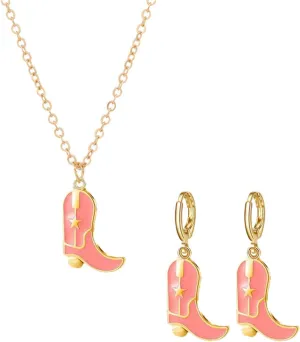 Dreuyet Cowgirl Boot Earrings and Necklace Set for Women Dainty Fashion Western Cowboy Boots Chain Necklace 14K Gold Plated Cowboy Hat Pendant Necklace Western Style Jewelry Gift