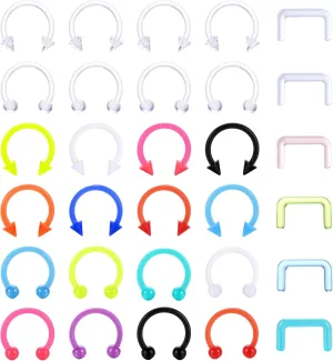 Drperfect 30Pcs Septum Retainer 16G Colorful Clear Bioflex Horseshoe U-Shaped Septum Rings Retainers Flexible Plastic Nose Rings Hoop Lip Eyebrow Cartilage Earrings Ring Piercing Retainer for Women Men