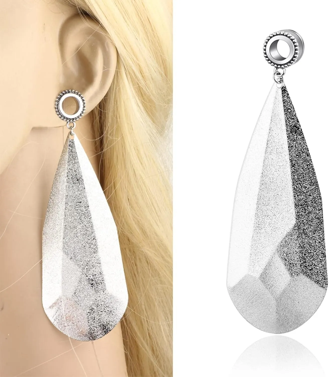 Ear Piercing Plug Tunnel Stainless Steel Ear Gauges Women Rose Gold/Silver with Teardrop Dangle Ear Tunnels Expander, 2PCS, 6MM - 25MM