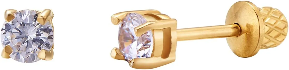 Earrings for Girls, 18k Yellow Gold Plated CZ Hypoallergenic Stud Earrings - Screw On Safety Backs, Stainless Steel Posts for Kids, Toddlers, Teens