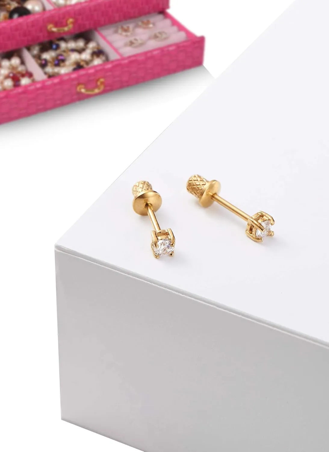 Earrings for Girls, 18k Yellow Gold Plated CZ Hypoallergenic Stud Earrings - Screw On Safety Backs, Stainless Steel Posts for Kids, Toddlers, Teens