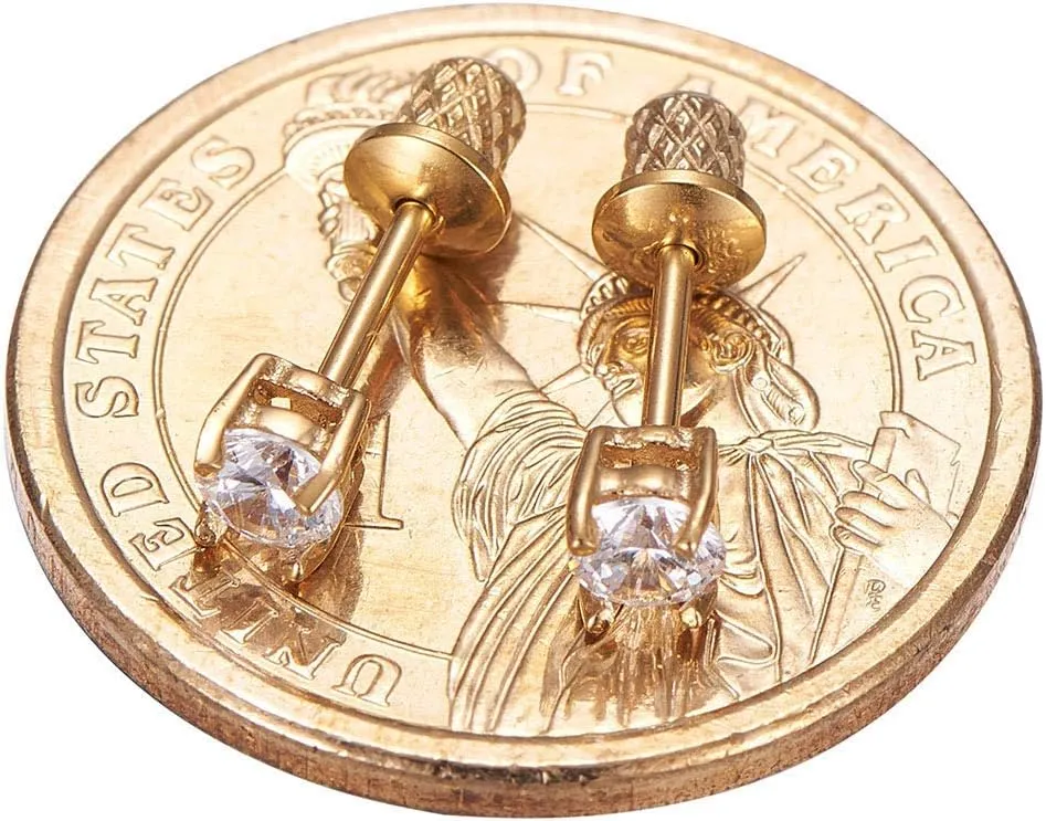 Earrings for Girls, 18k Yellow Gold Plated CZ Hypoallergenic Stud Earrings - Screw On Safety Backs, Stainless Steel Posts for Kids, Toddlers, Teens