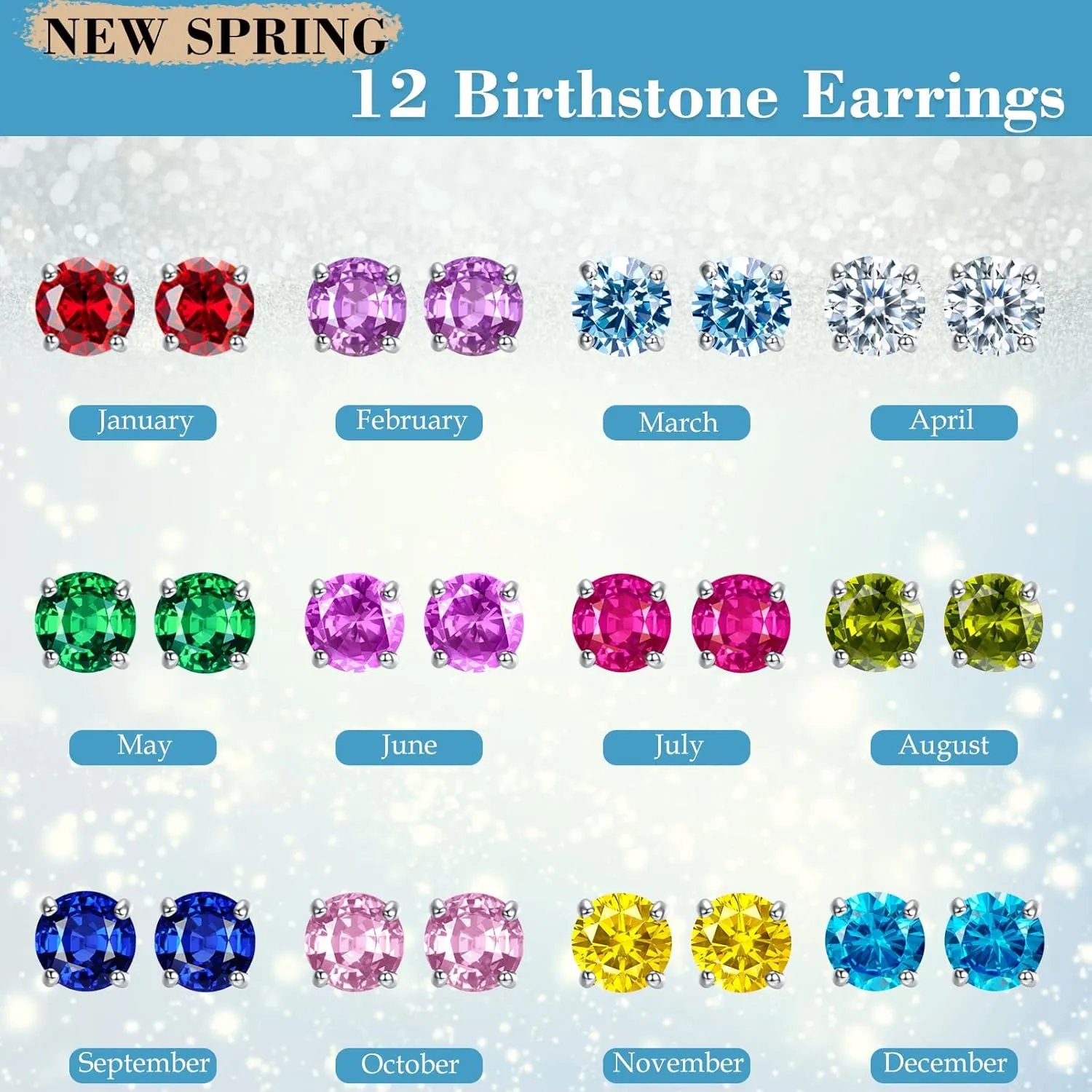 Earrings for Women, S925 Sterling Silver Birthstone Round Studs Earring for Girlfriend Wife, Anniversary Birthday Christmas Valentines Mothers Day Gifts Jewelry for Womens Wife Her Mom