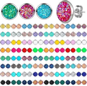 Epakh 64 Pairs Faux Druzy Stud Earrings Set Stainless Glitter Pierced Earrings for Women, 32 Colors