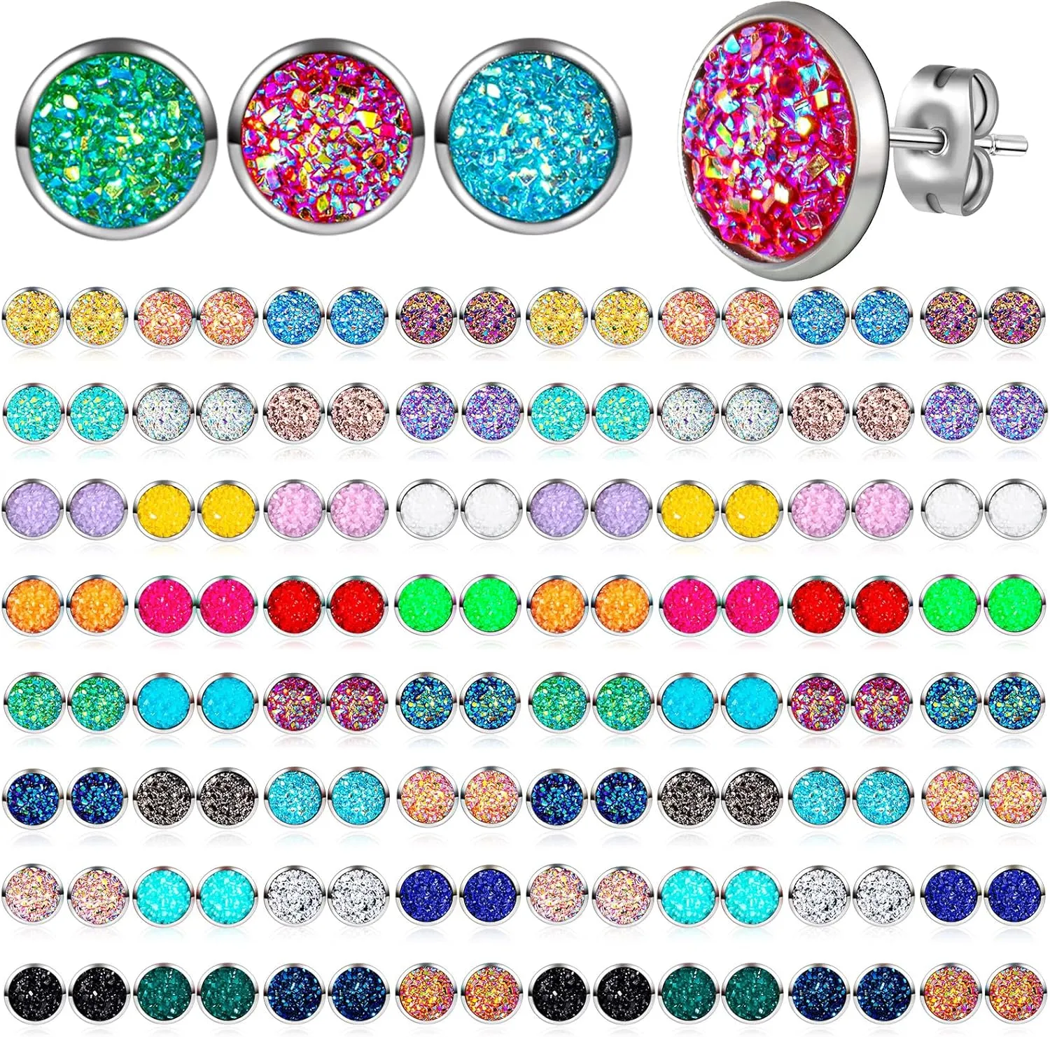 Epakh 64 Pairs Faux Druzy Stud Earrings Set Stainless Glitter Pierced Earrings for Women, 32 Colors