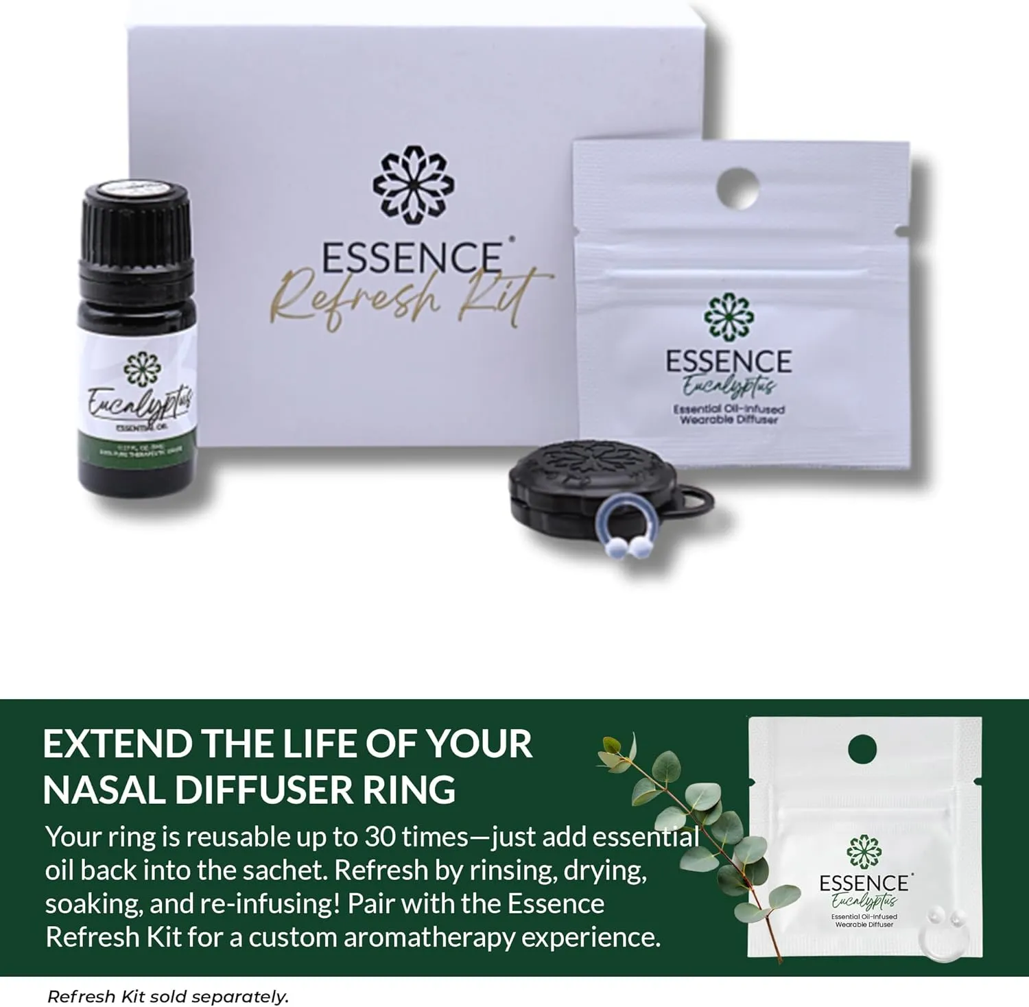 Essence Wearable Aromatherapy Nasal Diffuser  Eucalyptus Essential Oil Nose Ring Silicone Inhaler for Stress & Mood Support - Made in USA & Travel-Friendly