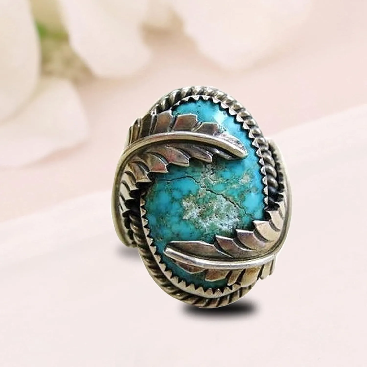 Exquisite Ring Fresh Style Ladies Couple Love Rings Vintage Leaves Cover Artificial Turquoise Ring Wedding Party Engagement Jewelry for Women/Girl Finger Rings DIY Jewelry Gifts