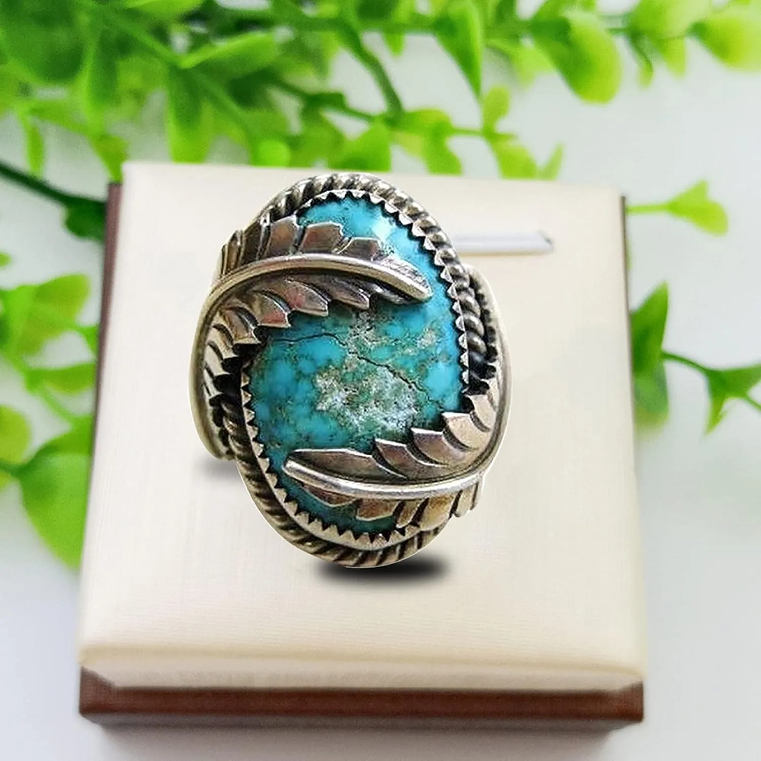 Exquisite Ring Fresh Style Ladies Couple Love Rings Vintage Leaves Cover Artificial Turquoise Ring Wedding Party Engagement Jewelry for Women/Girl Finger Rings DIY Jewelry Gifts