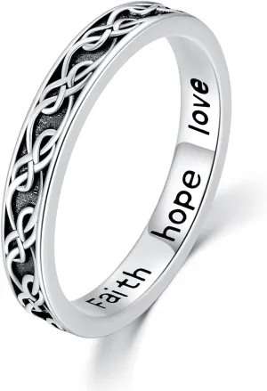 Faith Hope Love Ring 925 Sterling Silver Celtic Knot Oxidized Ring Dainty Inspirational Ring Vintage Viking Rings Celtic Jewelry Gifts for Women Men