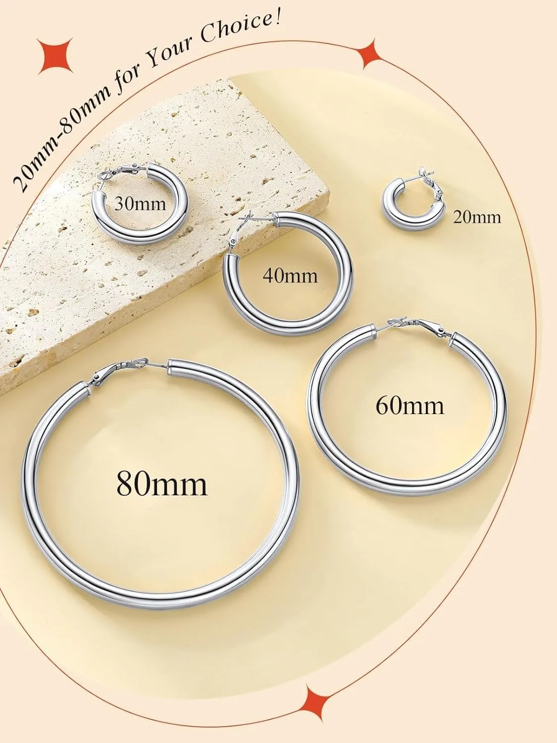 FaithHeart Chunky Hoop Earrings for Women, Silver/Black/14K Gold Plated Stainless Steel Earrings Hollow Tube Hoops Hypoallergenic Lightweight Earring 20/30/40/60/80mm