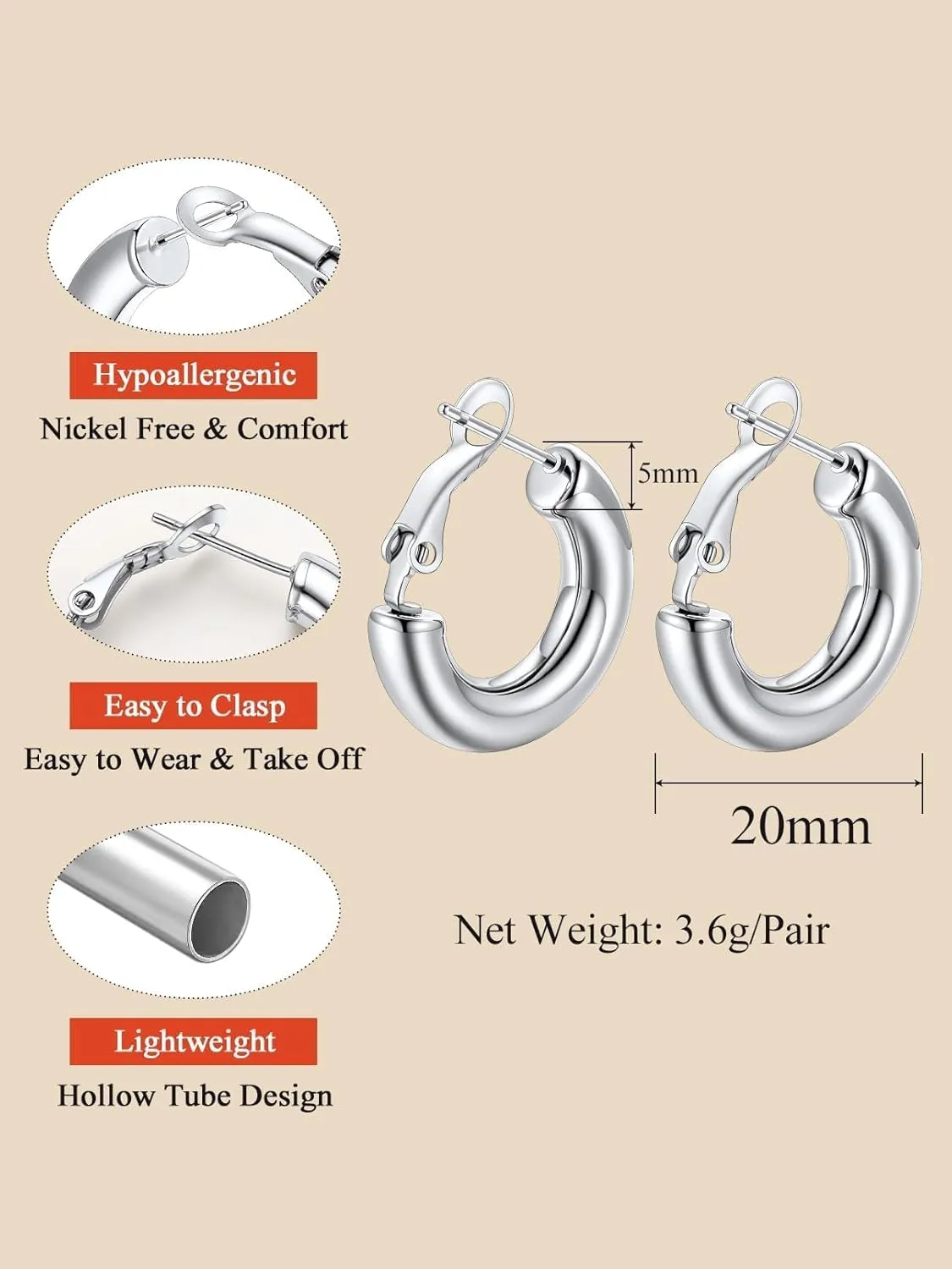 FaithHeart Chunky Hoop Earrings for Women, Silver/Black/14K Gold Plated Stainless Steel Earrings Hollow Tube Hoops Hypoallergenic Lightweight Earring 20/30/40/60/80mm