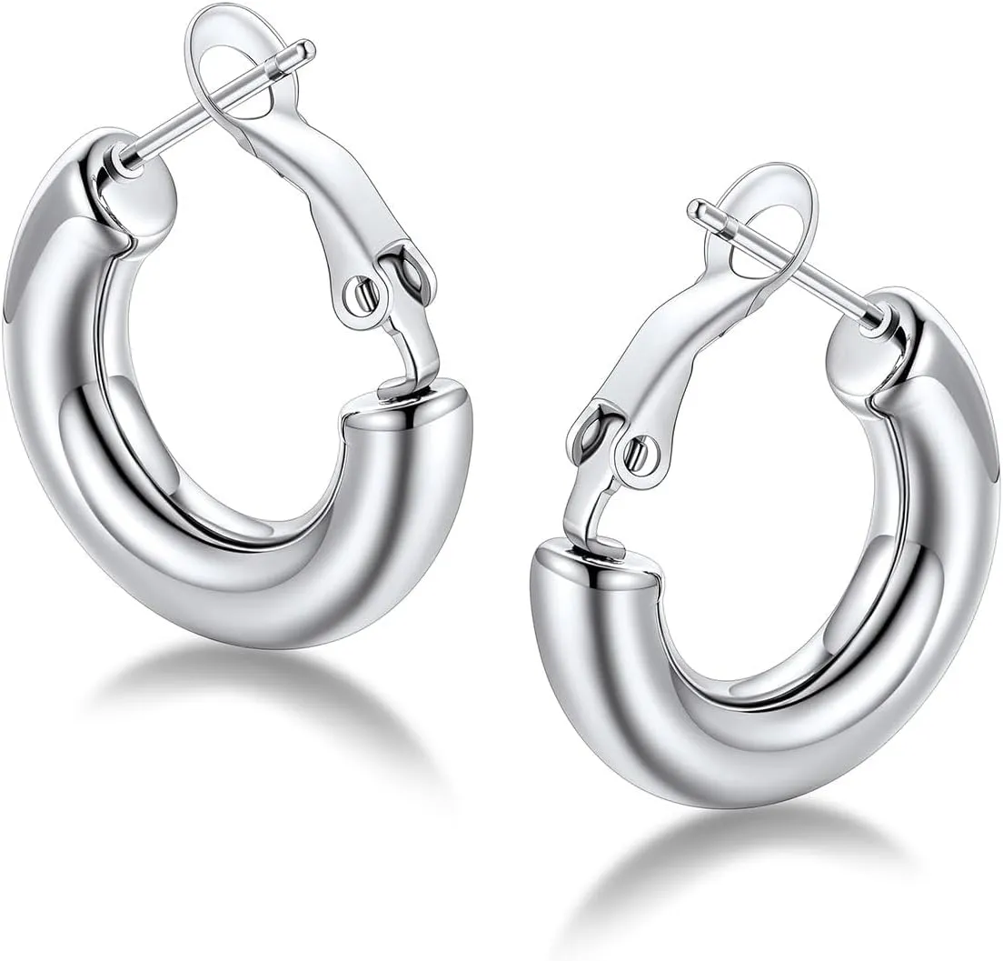 FaithHeart Chunky Hoop Earrings for Women, Silver/Black/14K Gold Plated Stainless Steel Earrings Hollow Tube Hoops Hypoallergenic Lightweight Earring 20/30/40/60/80mm
