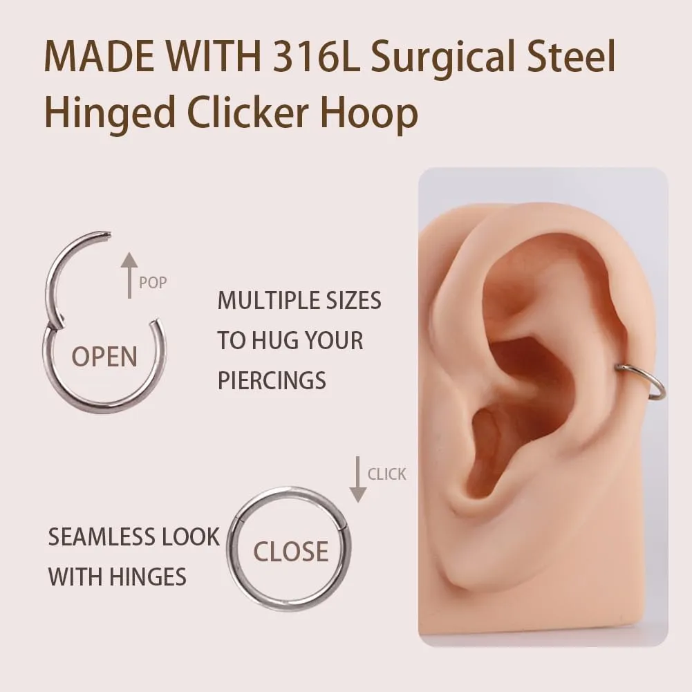 FANSING Men Women 316L Surgical Steel Hinged Nose Rings Hoop for Nostril Septum Cartilage Helix Daith Tragus Rook Conch Lip Ear Lobe Piercings