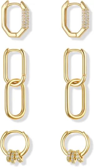 FANZE 3 Pairs Hoop Earrings for Women Dainty Chain Spike Gold Sliver Huggie Earring Set for Multiple Piercing Hypoallergenic Trendy Jewelry Gift