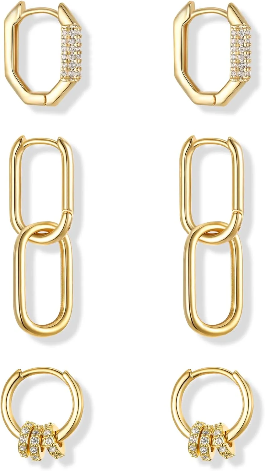 FANZE 3 Pairs Hoop Earrings for Women Dainty Chain Spike Gold Sliver Huggie Earring Set for Multiple Piercing Hypoallergenic Trendy Jewelry Gift