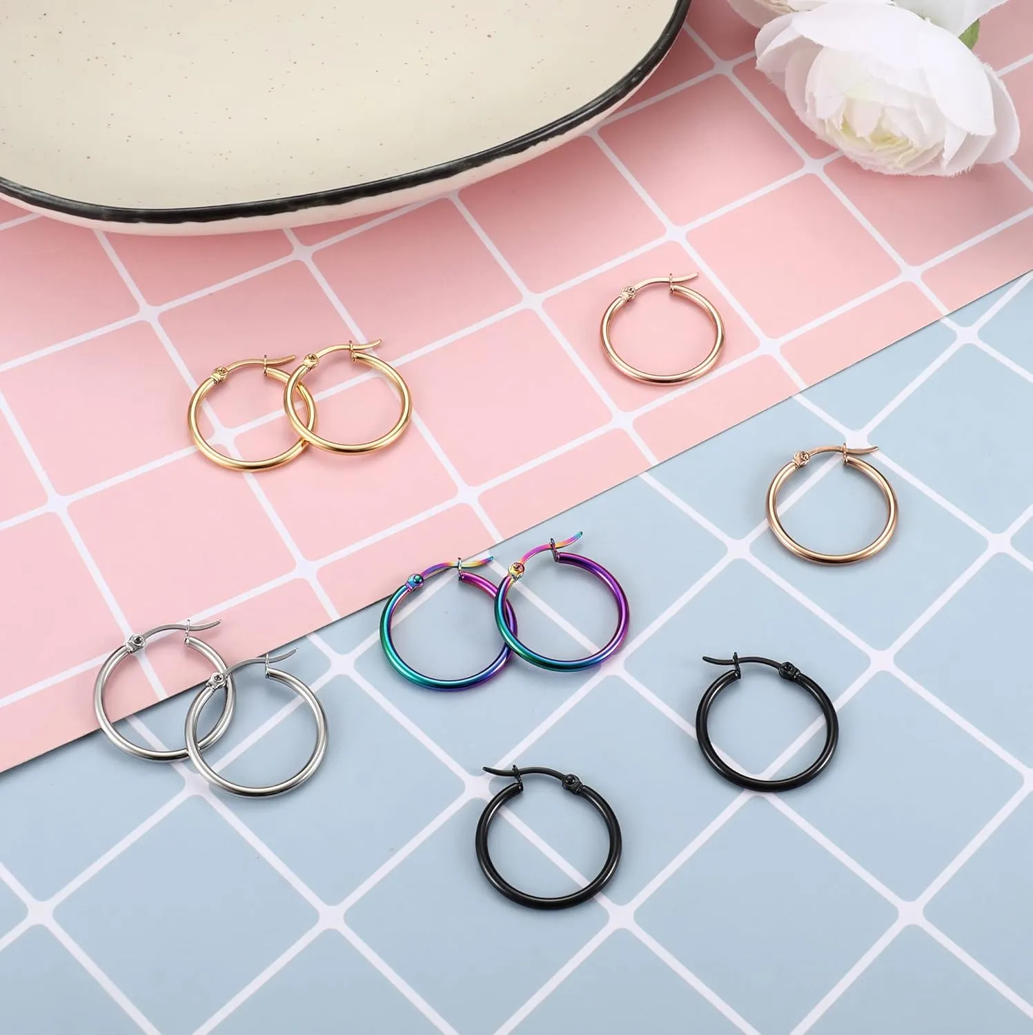 FASACCO Colorful Hoop Earrings Surgical Steel Hoop Earrings for Women Loop Earrings 10mm/15mm/20mm/25mm