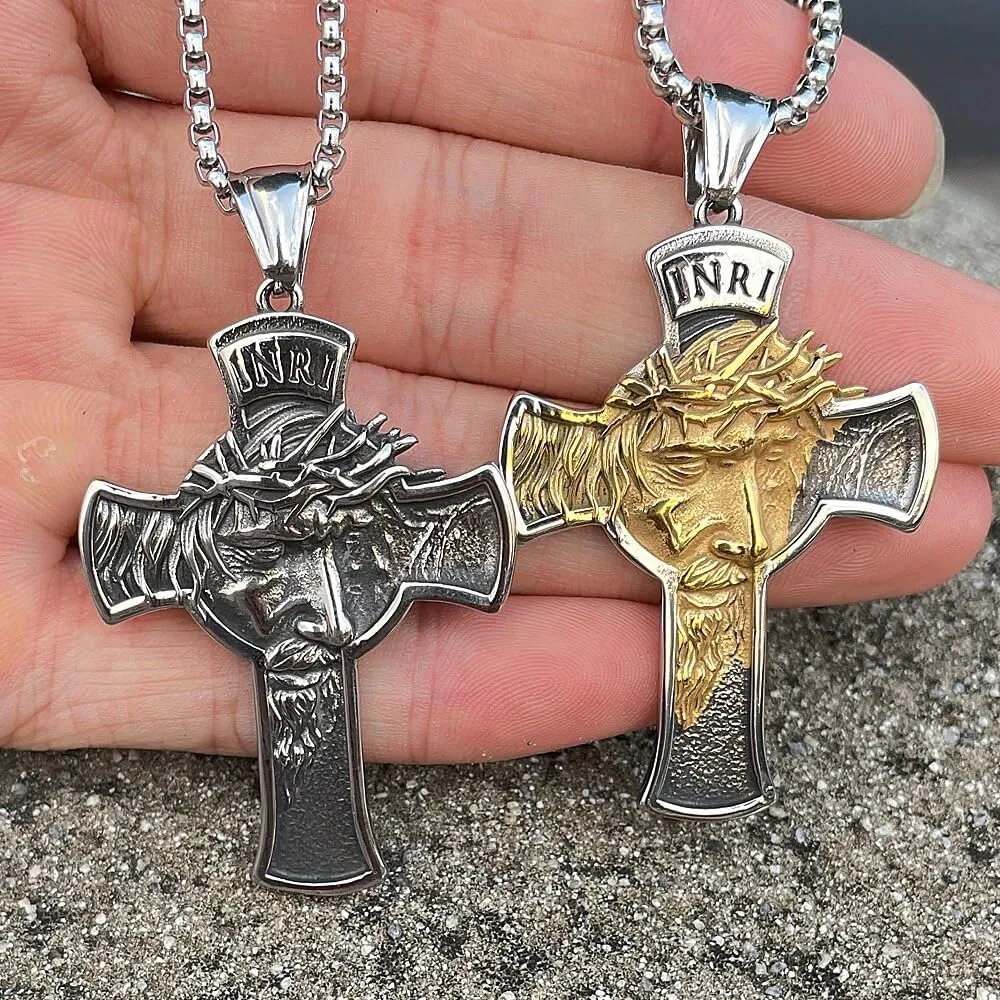 Fashion Vintage Stainless Steel Jesus Cross Necklace Pendant Men Cross Jesus Face Necklace Chain Amulet Jewelry