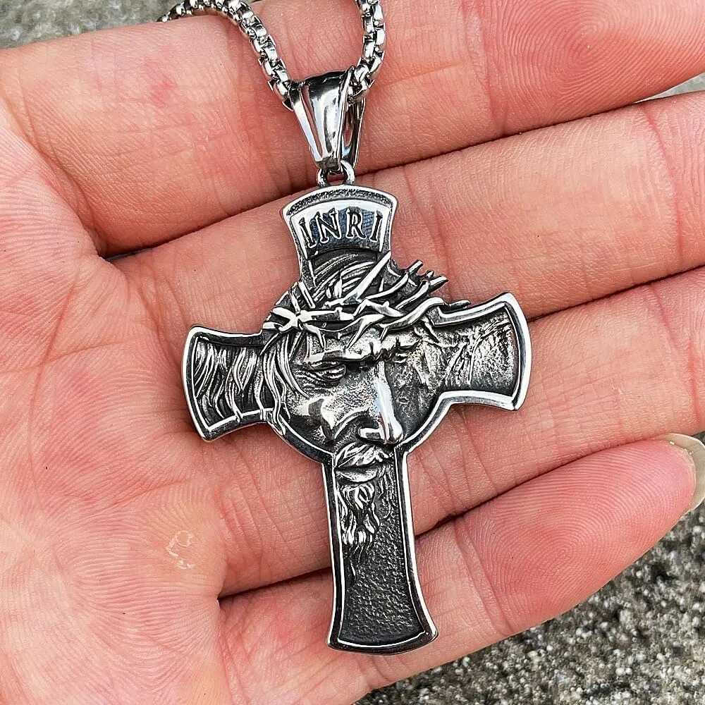 Fashion Vintage Stainless Steel Jesus Cross Necklace Pendant Men Cross Jesus Face Necklace Chain Amulet Jewelry