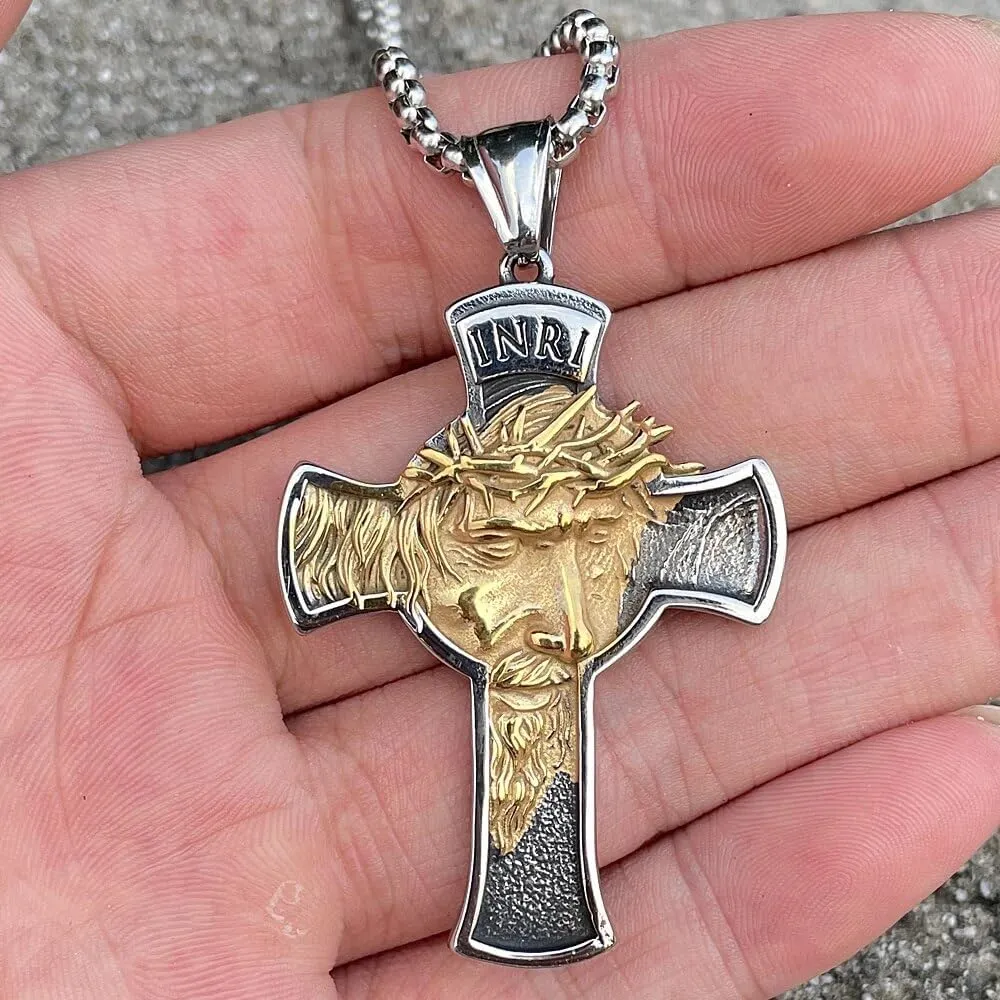 Fashion Vintage Stainless Steel Jesus Cross Necklace Pendant Men Cross Jesus Face Necklace Chain Amulet Jewelry